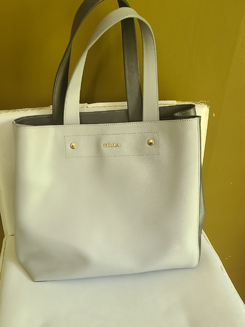 Furla Two Tone Light Gray Leather Tote with Gold Accents